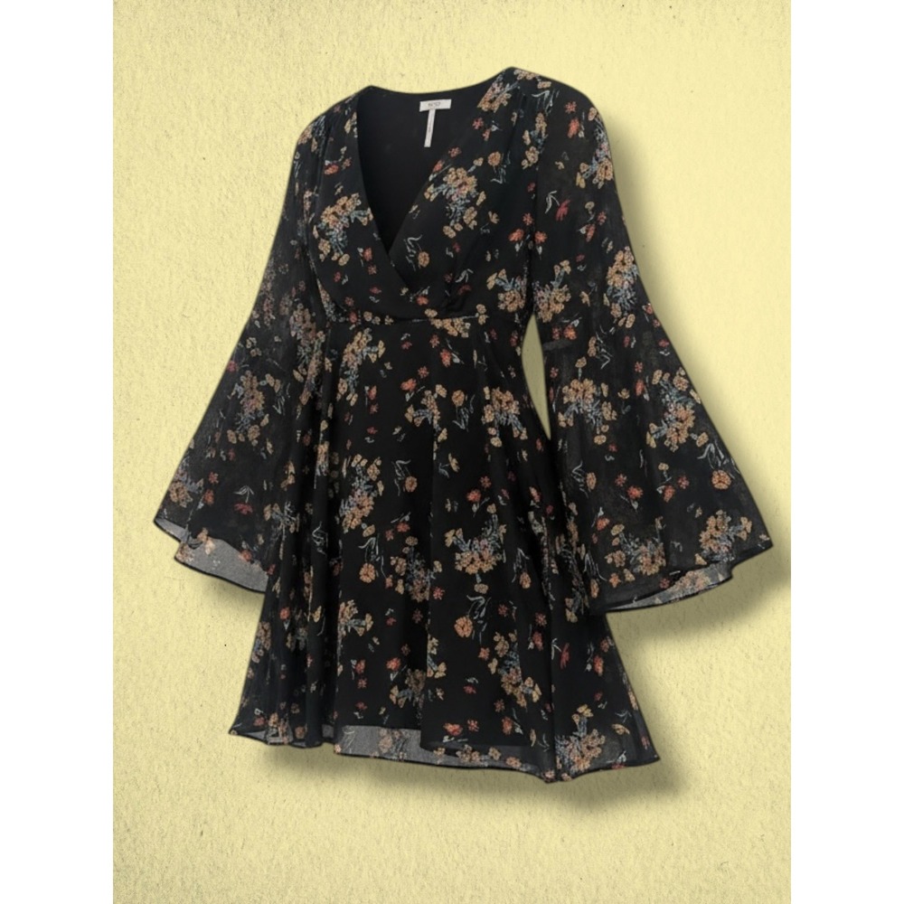 Free People Floral Bell Sleeve Boho Romantic V-Neck Mini Dress XS Black